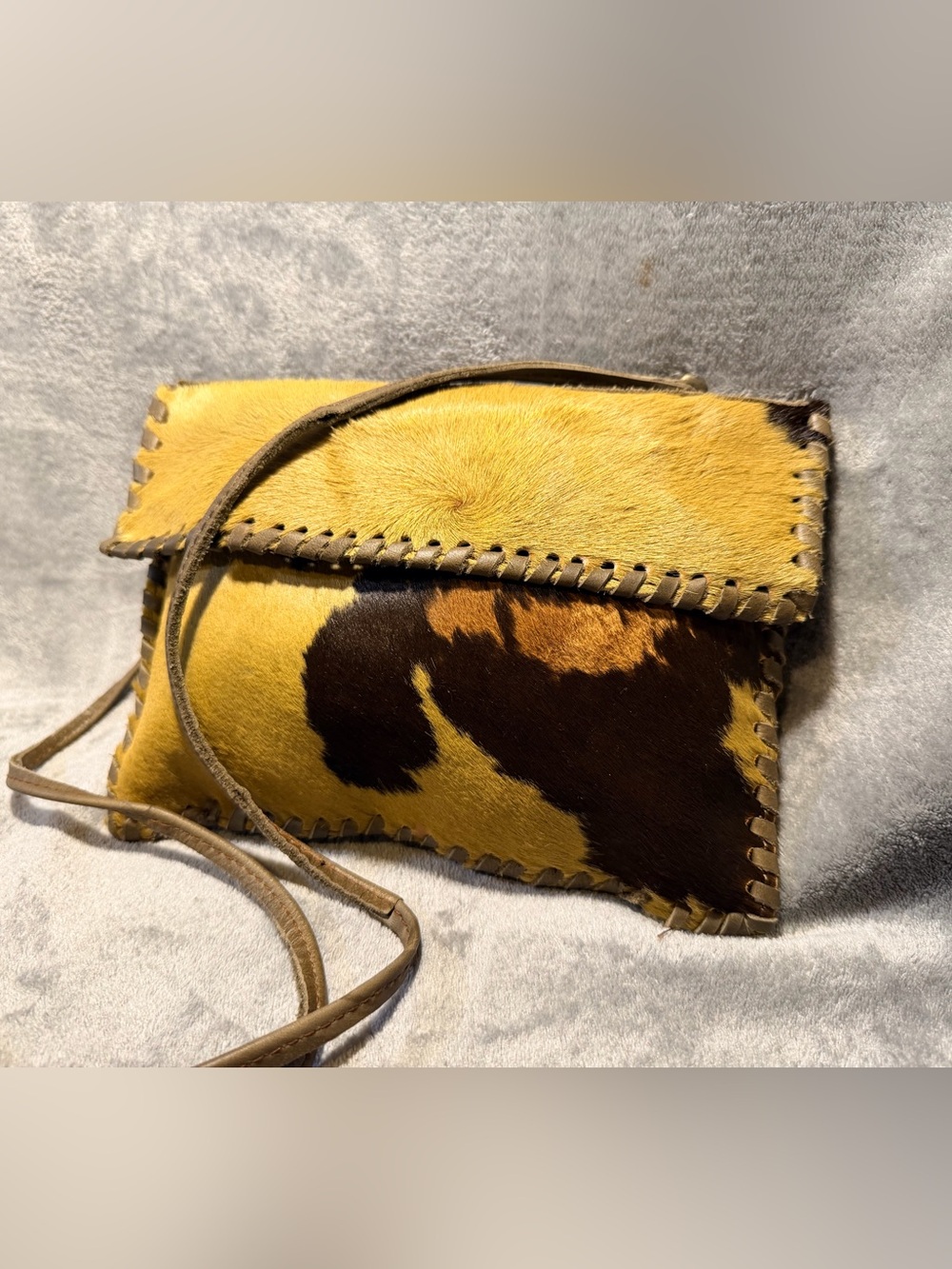 Handmade Genuine Hair On Cowhide Crossbody Bag w/ Whipstitch Trim - Picture 2 of 12